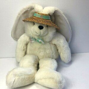 People Pals White Bunny Rabbit Hat Plaid Bow Plush Stuffed 1992 Vintage 15"